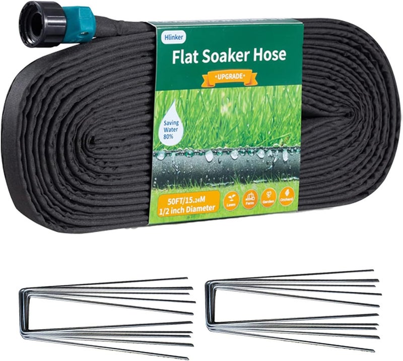 Hlinker 2025 Flat Soaker Hose 50 ft with Stake for Garden, Linkable Drip Hose Diy Automates Garden Irrigation System Saving 83% Water, Dual-layer Leak-free Design Water Hose with Holes - Image 1